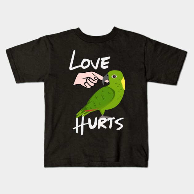 Love Hurts Yellow Naped Amazon Parrot Biting Finger Kids T-Shirt by Einstein Parrot